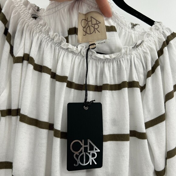 NWT CHASER White Olive Green Striped Off The Shoulder Bell Sleeve Top Medium - Picture 4 of 6